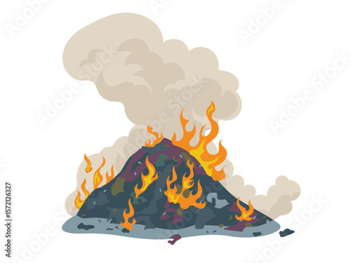Burning heap of garbage, smoke, pollution, waste