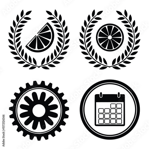 Laurel wreath citrus slice gear calendar icons vector