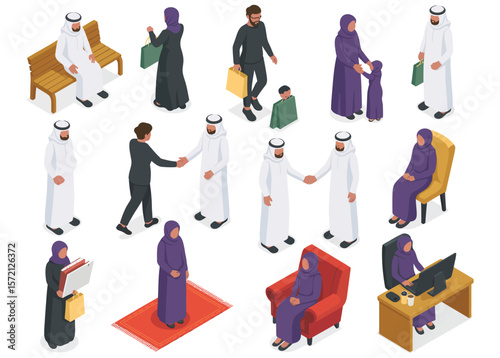 Arab muslims people 3d seamless pattern background on a white isometric view include of nationality businesswoman businessman and family vector illustration of icon