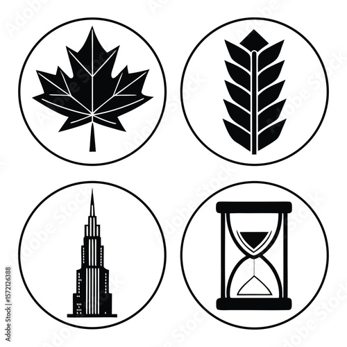 Maple leaf wheat stalk skyscraper hourglass icons vector