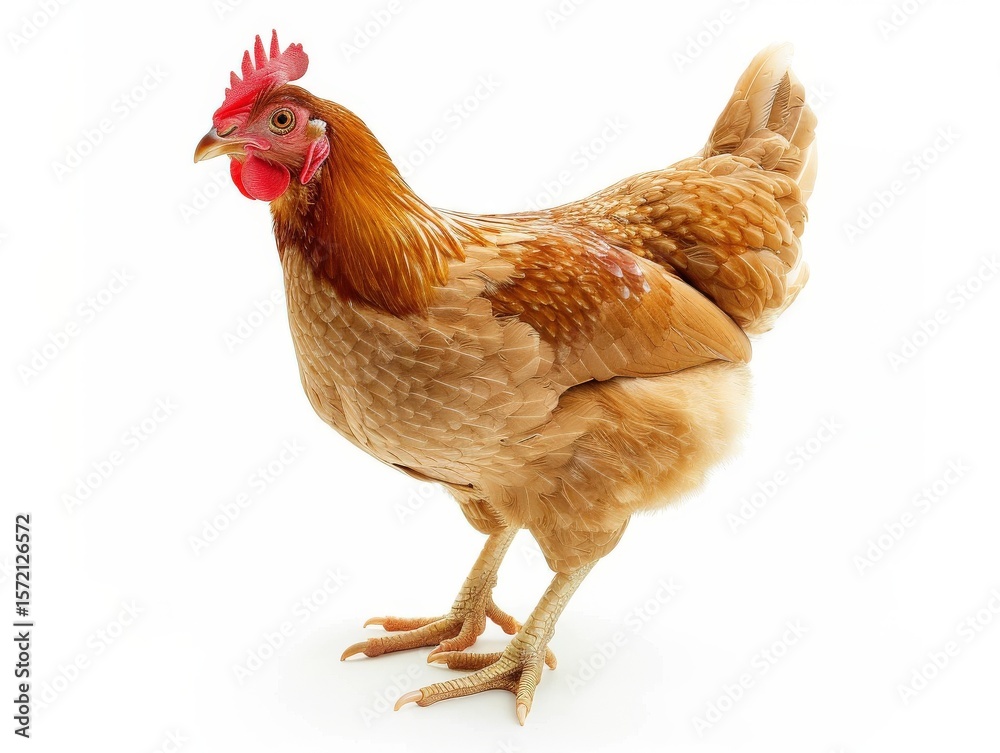 Fototapeta premium Domesticated brown chicken standing on white background