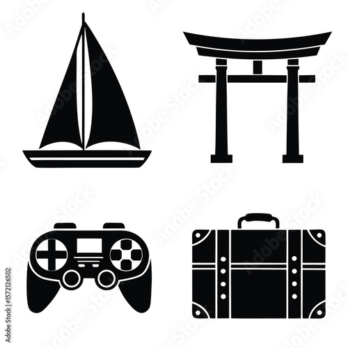 Sailboat torii gate video game controller suitcase icons vector