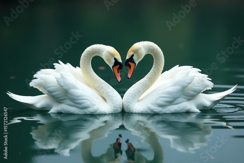 Fototapeta Naklejka Na Ścianę i Meble -  Two swans gracefully curved, forming a heart shape on tranquil water , peaceful, lake