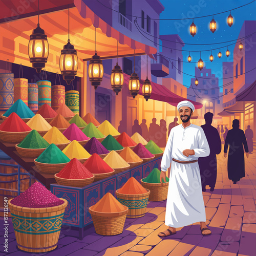 Arabian Street Market at Twilight with Lanterns and Spices