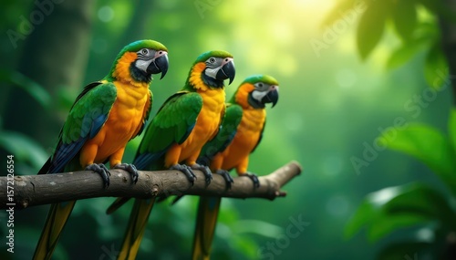 Three parrots on thick branch, rainforest backdrop, feather, fauna, bird photography