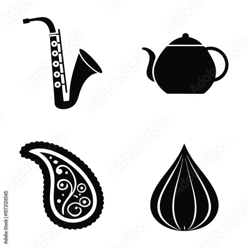 Saxophone teapot paisley teardrop shapes black white vector