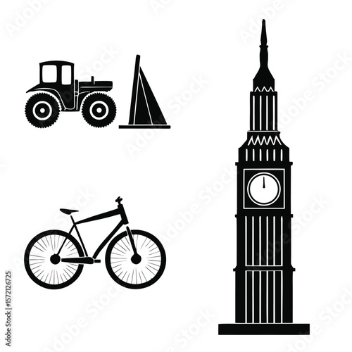 Tractor bicycle sailboat clock tower silhouettes vector