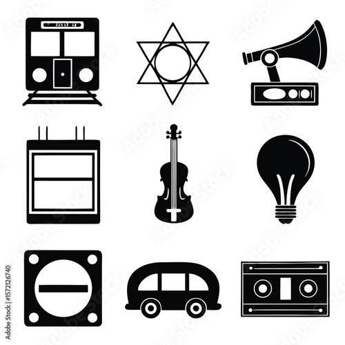 Train star gramophone display violin lightbulb stop sign bus cassette vector
