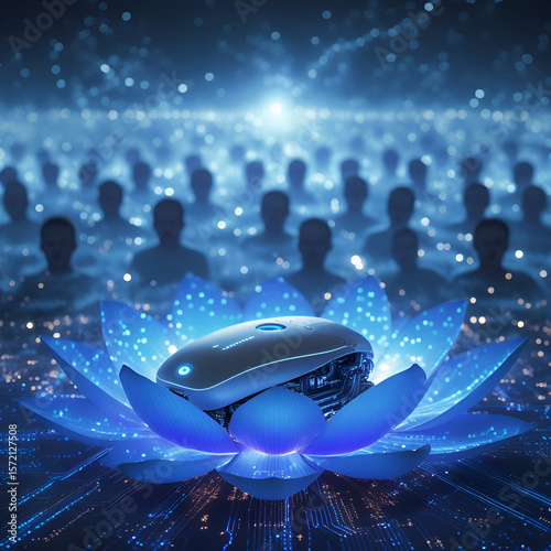 Harmony of Technology and Serenity: An ethereal scene showcases a futuristic device cradled within a radiant, luminous lotus flower, set against the backdrop of a sea of serene human silhouettes.