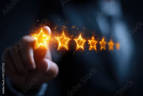 Hand pointing to glowing review stars.