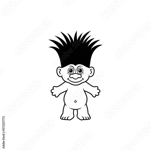 Cartoon troll figure with spiky black hair, smiling, isolated on a white background.