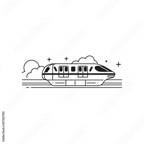 Sleek monorail train speeding through clouds, minimalist line art design.