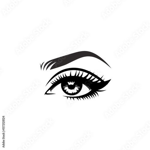 A stylized black and white illustration of a woman's eye with dramatic eyeliner and eyebrow.