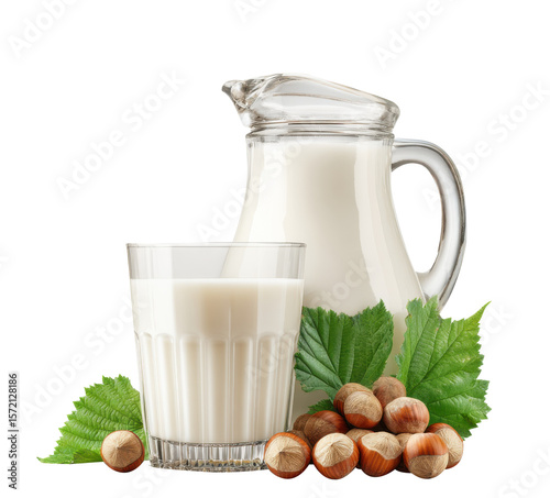Glass and pitcher of hazelnut milk with fresh hazelnuts.