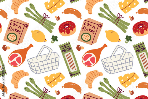 Flat cartoon vector pattern with shopping basket, vegetables, cheese and meat. Grocery shopping, food retail and kitchen design, packaging illustrations, culinary blog visuals, supermarket marketing