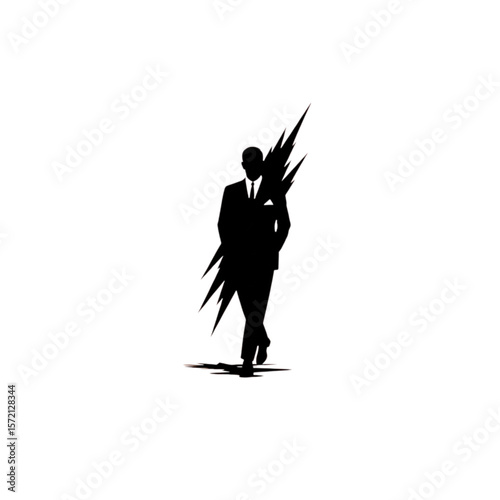 A stylized silhouette of a man in a suit, seemingly composed of or intersected by jagged energy.