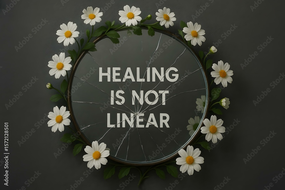 Fototapeta premium A Broken Mirror Surrounded by Daisies with the Phrase Healing is Not Linear, Symbolizing Personal Growth and Reflection on the Journey of Healing