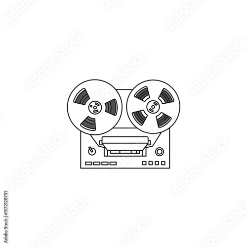Simple line drawing of a vintage reel-to-reel tape recorder.