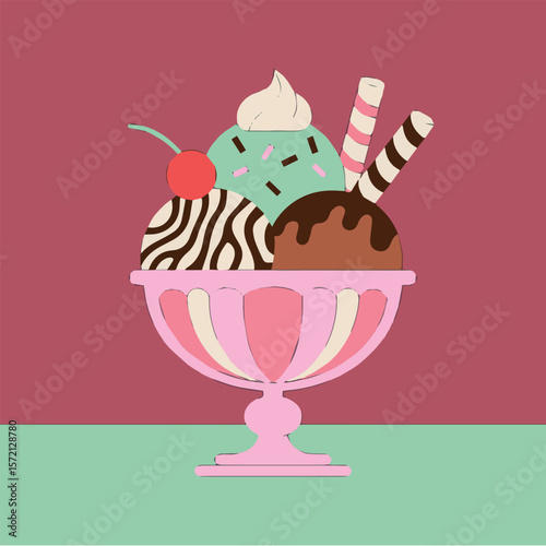 Delicious ice cream sundae dessert with cherry and chocolate syrup illustration vector graphic design
