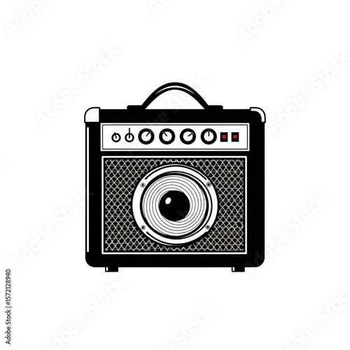 Vintage guitar amplifier illustration, black and white design, musical equipment.