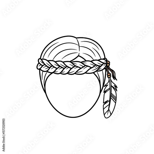 Simple black and white illustration of a person wearing a braided headband and feather.