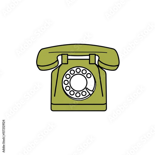 Vintage rotary dial telephone, olive green color, simple outline style.