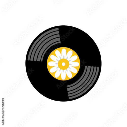 Stylized image of a vinyl record with a daisy flower in the center, set against a white background.