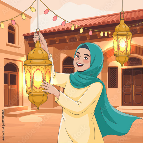 Muslim Woman Decorating Home with Lanterns for Eid Celebration