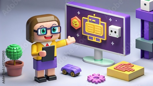 Female character teaching robot technology on screen in educational lab environment
