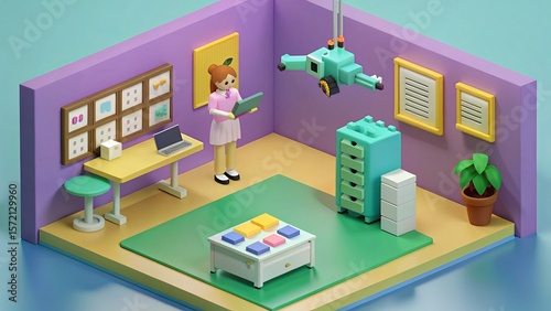 Modern tech workspace with woman operator and robotic arm in purple digital room
