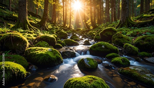 Sunbeams stream through mossy forest creek