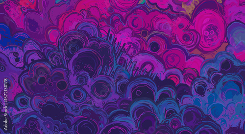 Abstract colorful pattern with swirls and shapes in purple tones  