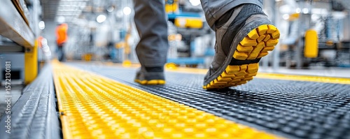 Anti fatigue concept. Person walking on a safety floor in a modern industrial setting.