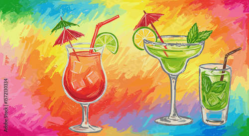 Colorful cocktails with umbrellas and mint on abstract background  