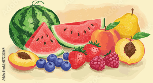 Colorful assortment of fruits including watermelon, peaches, and berries  