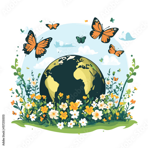 world environment day with earth, levees, flowers, butterfly's. vector illustration design, vector style simple color