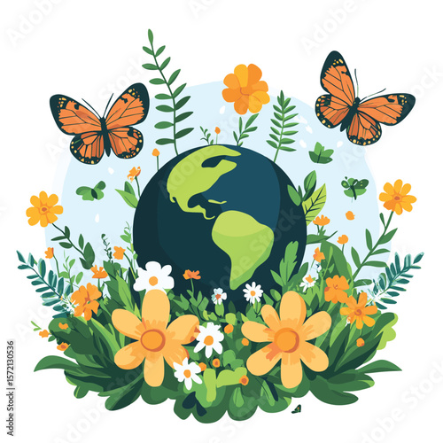 world environment day with earth, levees, flowers, butterfly's. vector illustration design, vector style simple color
