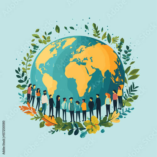 Ecology concept. People standing around the world. Flat vector illustration