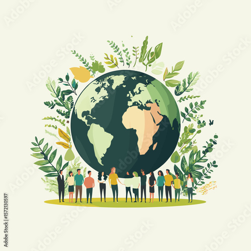 Ecology concept. People standing around the world. Flat vector illustration