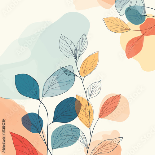 Minimalist abstract background with outline leaves, vector style simple color