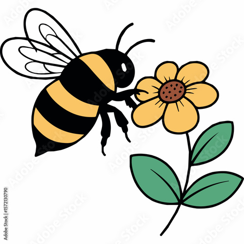 Bee illustration honeybee flying to yellow flower vector drawing pollinating nature garden art design insect 100