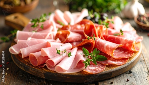 Assorted Ham Platter on Wooden Board