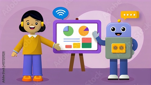 Girl and robot presenting colorful data charts with wireless communication in smart classroom
