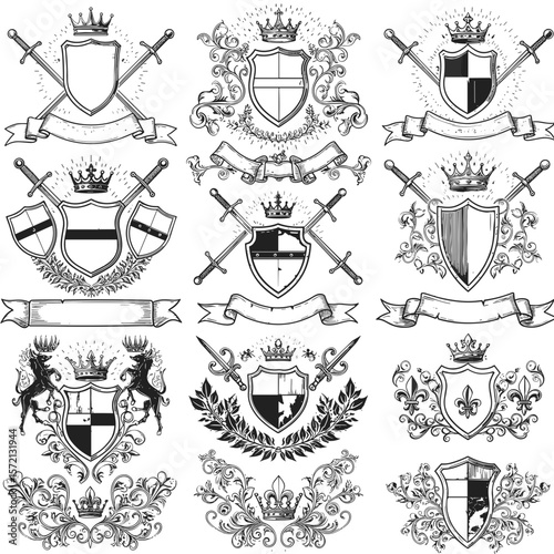 Vintage coat of arms and heraldic shields in black and white design  