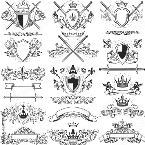Vintage decorative heraldic elements with crowns and shields  