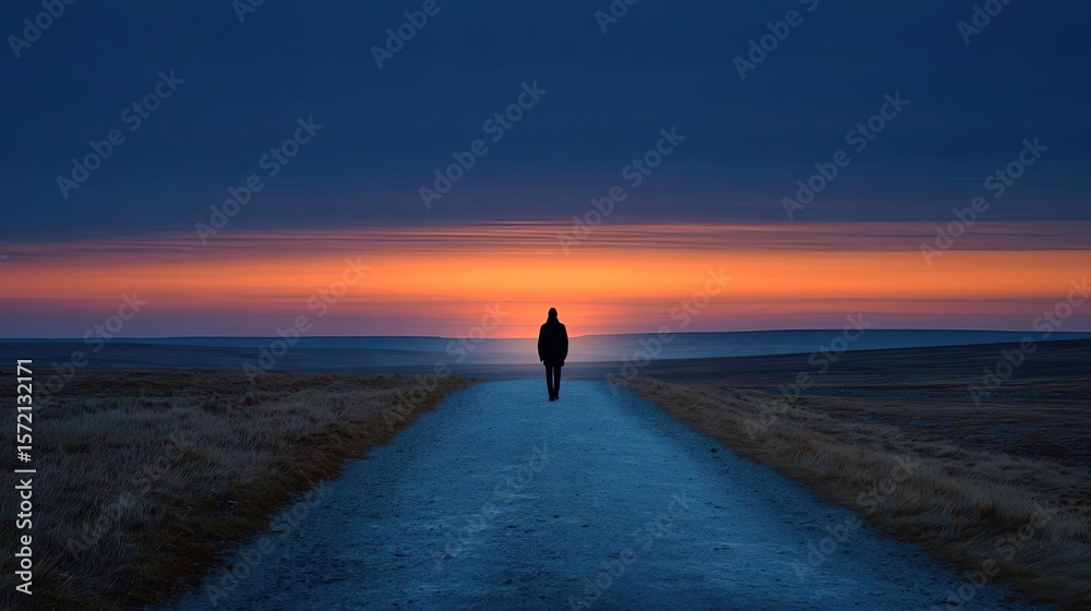 Fototapeta premium Constant fear concept. A solitary figure walks along a serene path at sunset.