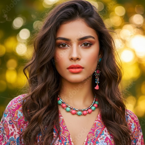 Beautiful young woman with wavy dark hair and vibrant makeup in a patterned dress