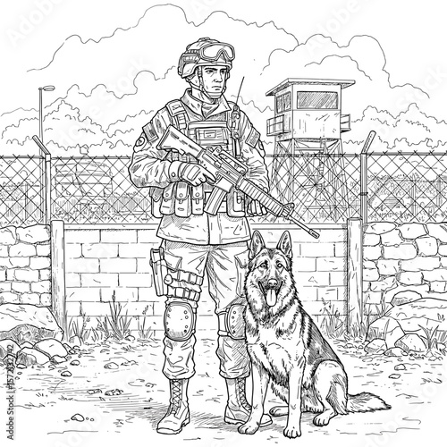 A soldier in tactical gear stands watch beside a German Shepherd in a fenced military zone with a tower and natural terrain.