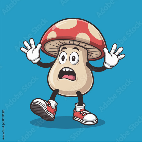 Cartoon mushroom character vector art illustration with scared expression and red cap design vector image