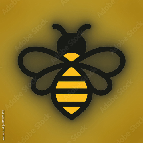 A stylized black and yellow bee with a soft glow against a gold background